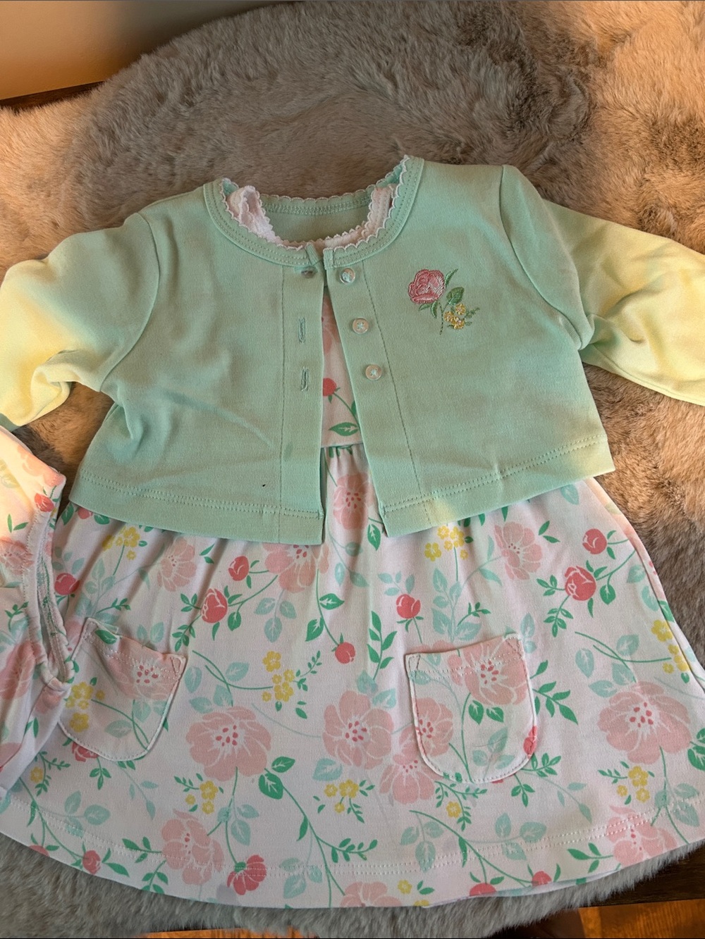 Little Me Mint Green Cardigan & Floral Dress Set